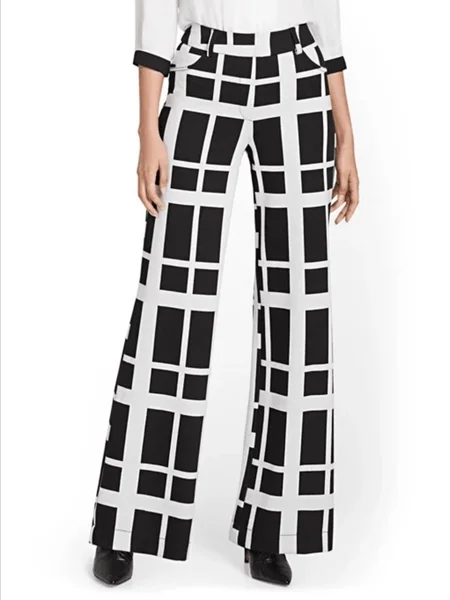 

Fall Grid Zipper fly Slightly stretchy Mid Waist Work Formal Mid Waist Pants, As picture, Wide Leg Pants