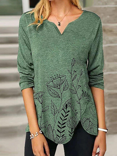 

Plus size V Neck Floral Shirts & Tops, Green, T-Shirts