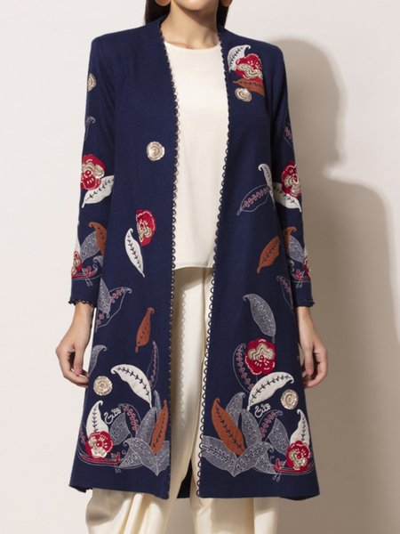 

Long sleeve Collarless Regular fit Elegant Outerwear, Dark_blue, Coats