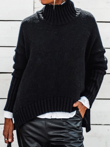 

High Neck Casual Sweater, Black, Knitwear & Sweaters