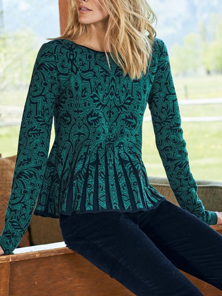 

Floral Tribal Printed Vintage Casual Round Neck Shirts & Tops, Green, Tops
