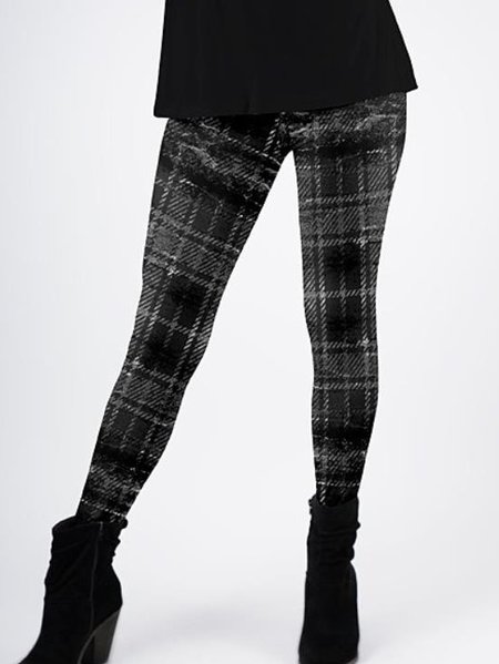 

Elastic waist Vintage Checked/Plaid Printed Slim Fit Leggings, Black, Leggings