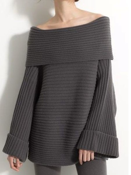 

Solid Boat Neck Elegant Sweater, Gray, Pullovers