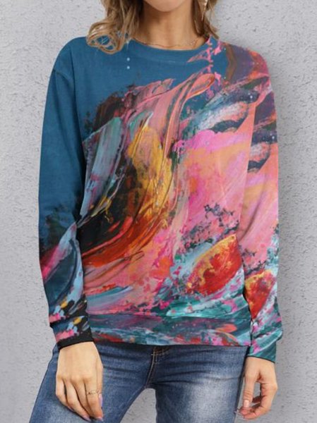 

Loosen Off Shoulder Abstract Printed Crew Neck Sweatshirt, Blue, Hoodies & Sweatshirts