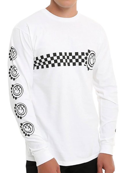 

Checkerboard Graphic Long Sleeve Casual Tee, White, T-shirts