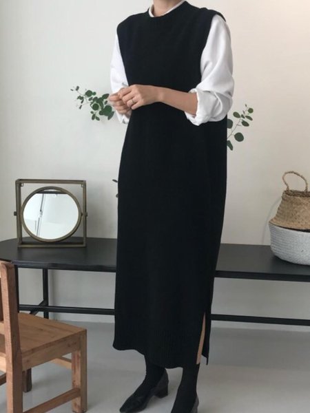 

Casual Loosen Crew Neck Midi Dress, Black, Midi Dresses