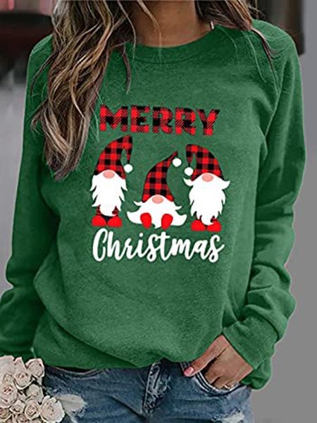 

Merry Christmas Goblin Plaid Letter Crew Neck Sweatshirts, Green, Hoodies&Sweatshirts