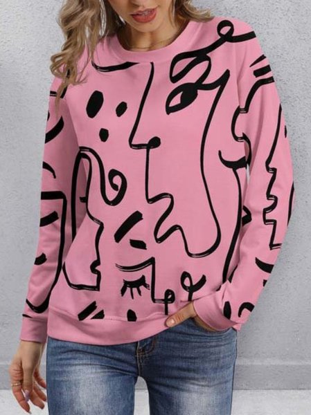 

Abstract Printed Casual Loosen Crew Neck Sweatshirt, Pink, Hoodies & Sweatshirts