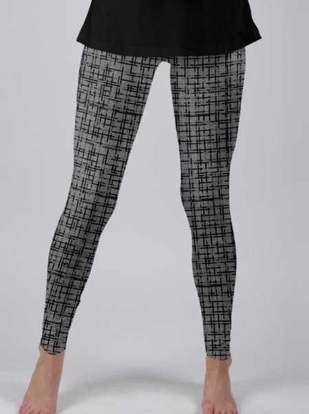 

Elastic waist Vintage Abstract Checked/Plaid Printed Pants, Gray, leggings
