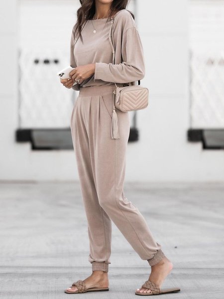 

Loosen Crew Neck Casual Suits, Dusty pink, Two-piece Outfits