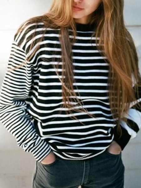 

Simple Basics Crew Neck Casual Striped Sweater, Black-white, Pullovers
