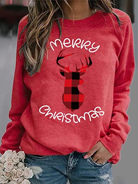 

Merry Christmas Elk Plaid Letter Crew Neck Sweatshirt, Red, Hoodies&Sweatshirts