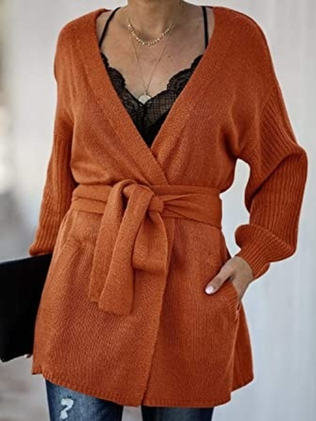 

Fall Plain Casual Slightly stretchy V neck Daily Long sleeve Outerwear, Orange, Cardigans