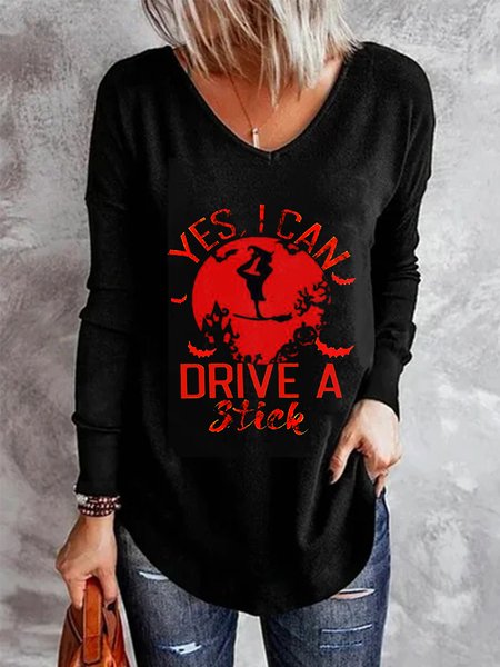 

Halloween Witch Letters Printed Long Sleeves V Neck Plus Size Casual Tops, Black, T-Shirts