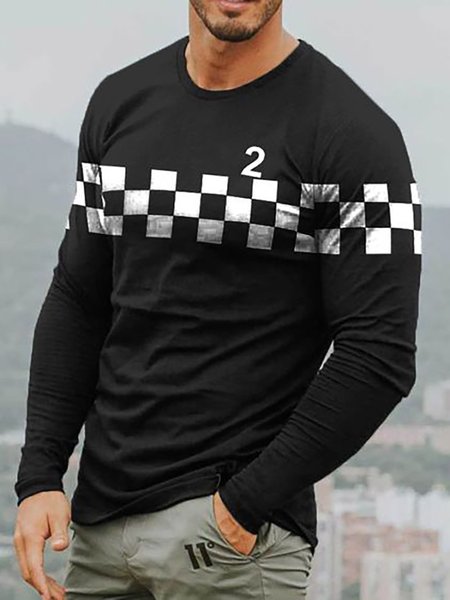 

Checkerboard Graphic Long Sleeve Casual Tee, Black, T-shirts