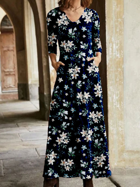

Casual V Neck Floral Long Sleeve Dresses, Deep blue, Maxi Dresses