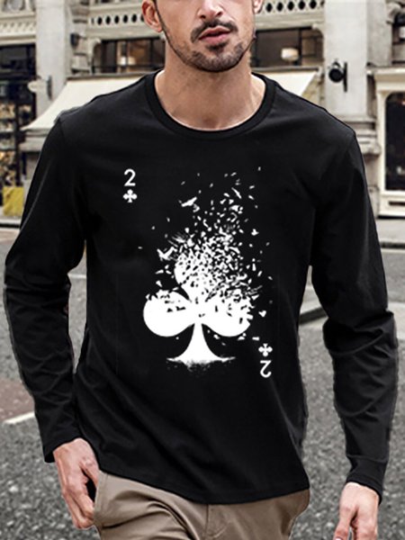 

Playing Card Graphic Long Sleeve Casual Tee, Black, T-shirts