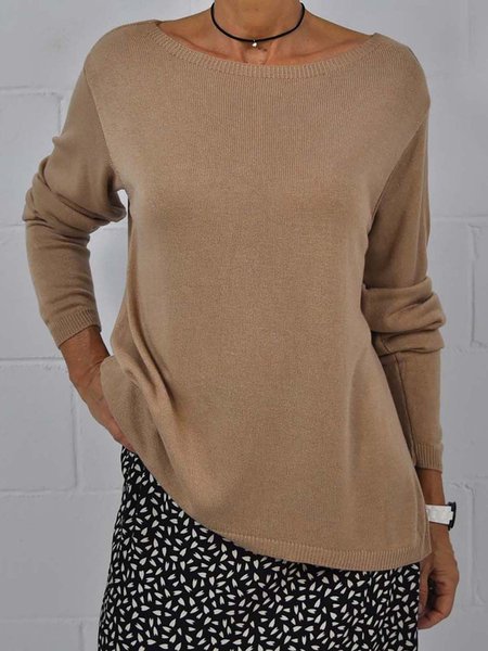 

Vacation Solid Round Neck Camel Boat Neck Sweater, Khaki, Sweaters & Cardigans