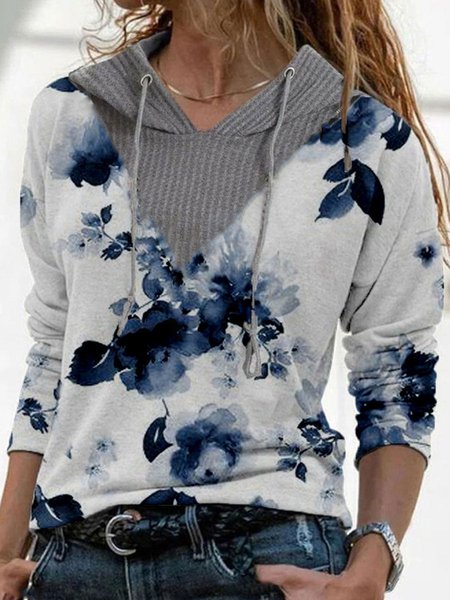 

Gray Floral Printed Casual Hooded Loosen Shirts & Tops, Tops