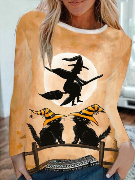 Casual Printed Crew Neck Long Sleeve Shirts & Tops, As picture, T-Shirts