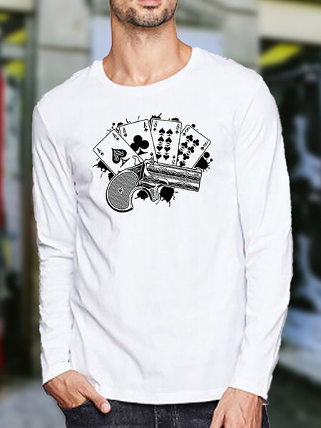 

Playing Card Graphic Long Sleeve Casual Tee, White, T-shirts