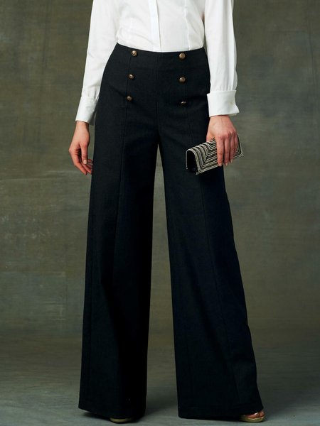 

Solid Regular Fit Elegant Long Pants, Black, Wide Leg Pants