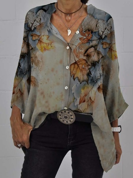 

Loosen Casual Vintage Leaf Print Long Sleeve Button-up Blosues, Beige, Blouses & Shirts