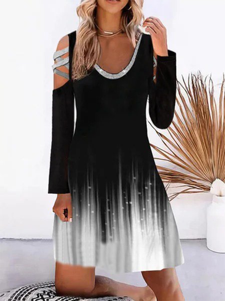 

Vintage graduale Stampato Scollo a V Colore-block Maniche Lunghe taglia grande Gonna Casuale, Nero, Midi Dresses