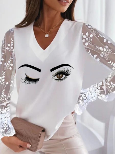 

Statement occhi Disegno Maniche Lunghe Scollo a V taglia grande Casuale Top, Bianco, Blouses & Shirts