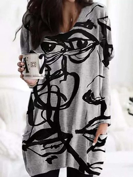 

Casual Long Sleeve V Neck Printed Top, Gray, Hoodies & Sweatshirts