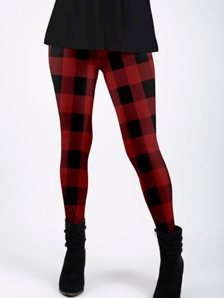 

Checked/Plaid Printed Skinny Vintage Elastic waist Pants, Red, Leggings