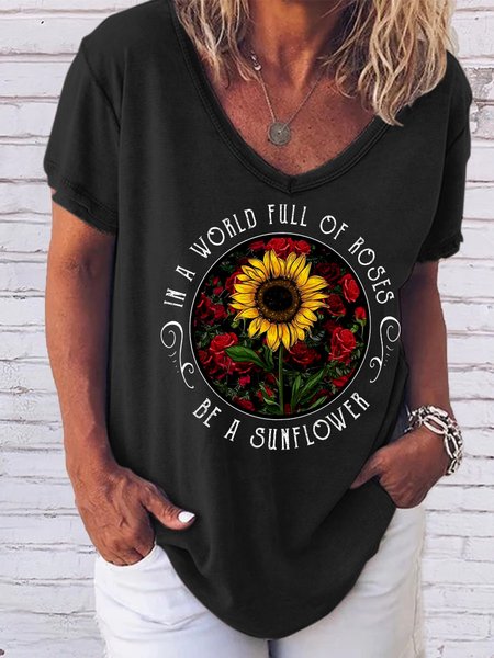 

Sunflower and letter print V-neck short-sleeved T-shirt, Black, T-shirts
