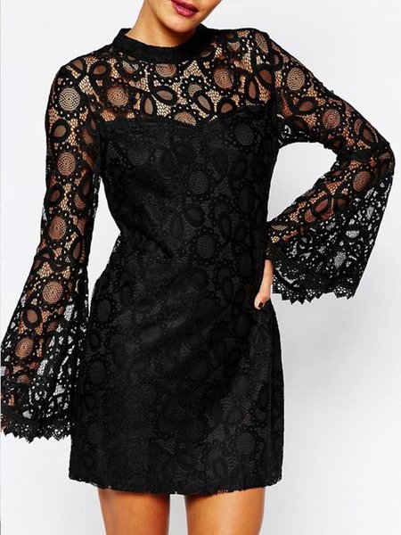 

Lace Regular Fit Sweet Crew Neck Dress, Black, Mini Dresses