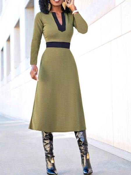 

Fall A-line Color Block V Neck Elegant High Stretch Formal Date Daily Dresses, Black-green, Midi Dresses