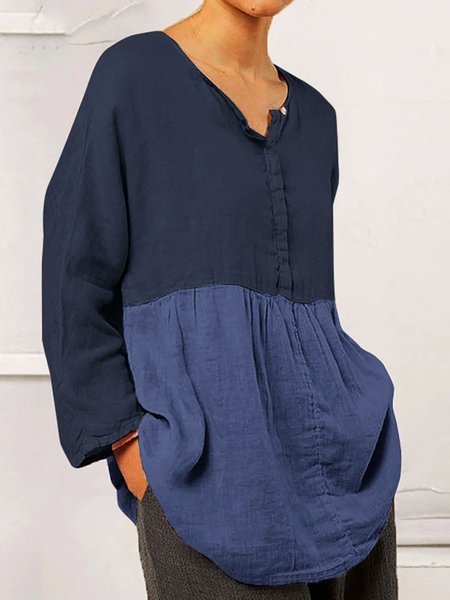

Color Block Round Neck Loose Casual Long-sleeved Blouse, Navy blue, Tops