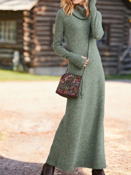

High Neck Loosen Elegant Sweater Dress, Green, Maxi Dresses