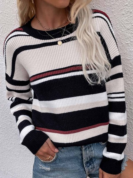 

Geometric Crew Neck Basics Sweater, Black-white, Sweaters