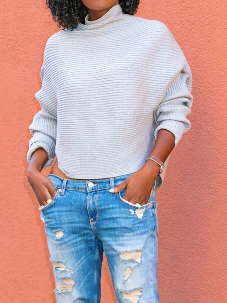 

Fall Simple Long sleeve Mid-weight High Stretch Daily Stand Collar Sweater, Gray, Pullovers