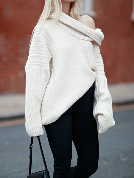 

Long sleeve Elegant Off Shoulder Sweater, White, Pullovers