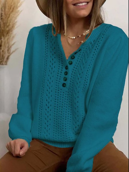

Long Sleeve Cotton-blend Crew Neck Casual Winter White Knit, Aqua blue, Sweaters & Cardigans