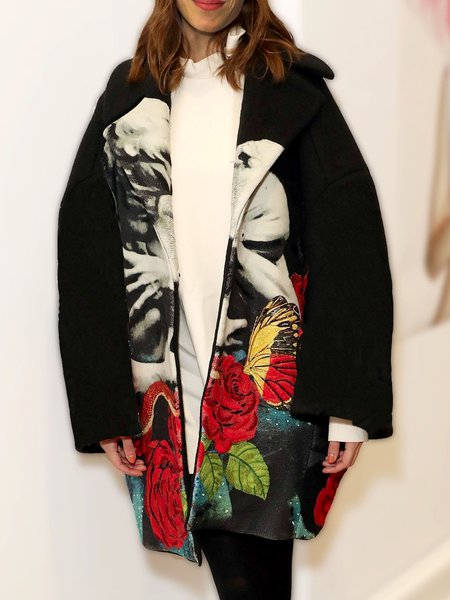 

Elegant Cloth Blended Floral Outerwear, Black, Coats