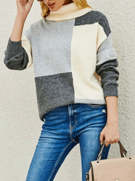 

Fall Color Block Loosen Mid-weight High Neck Daily Sweater, As picture, Pullovers