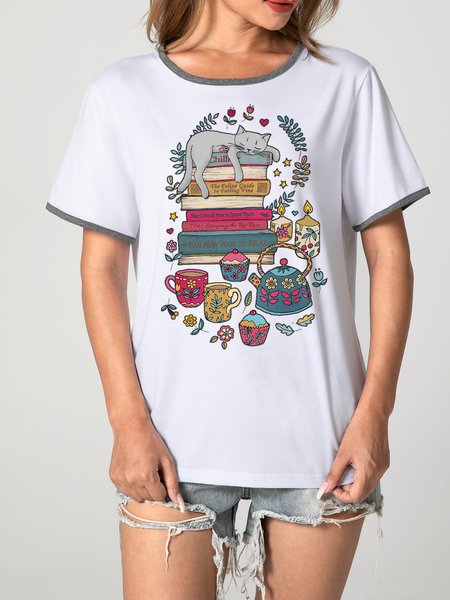 

Unocis Cat Printed Round Collar Short Sleeve Ringer Tee, Gray, T-shirts