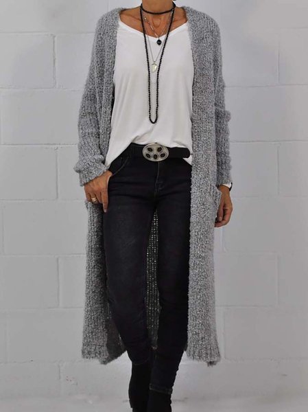 

Casual Long-sleeved Solid Color Long Gray Lamb Coat, Cardigans