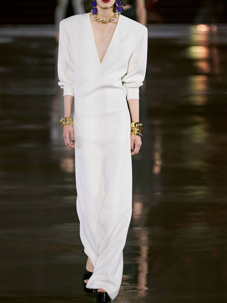 

V Neck Regular Fit Dresses, White, Maxi Dresses