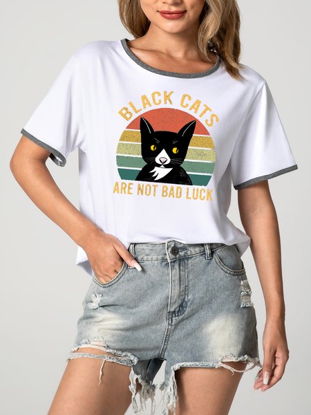 

Unocis Cat Printed Round Collar Short Sleeve Ringer Tee, Gray, T-shirts