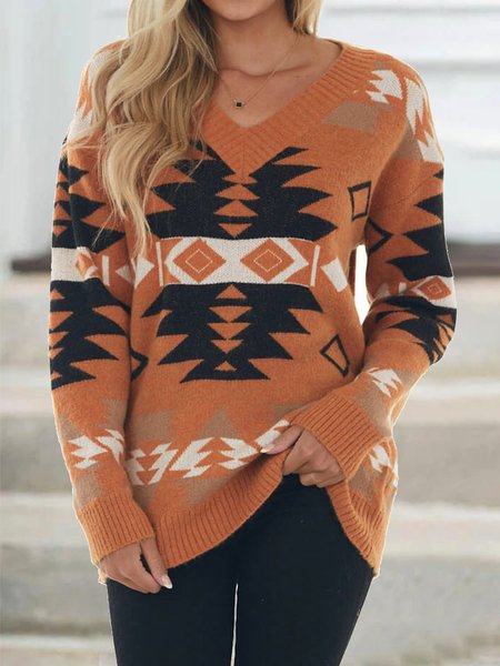 

Casual V Neck Sweater, Orange, Knitwear & Sweaters