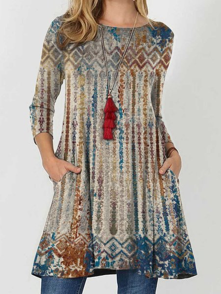 

Crew Neck Vintage Cotton Dresses, Light coffee, Mini Dresses