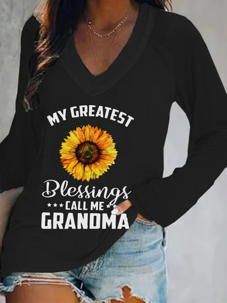 

Casual Long Sleeve V Neck Plus Size Printed Tops T-shirts, Black, T-Shirts