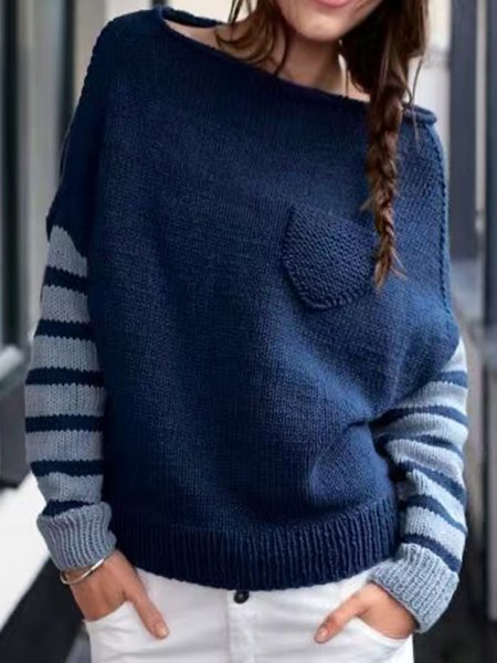 

Yarn/Wool Yarn Boat Neck Sweater, Dark blue, Sweaters & Cardigans